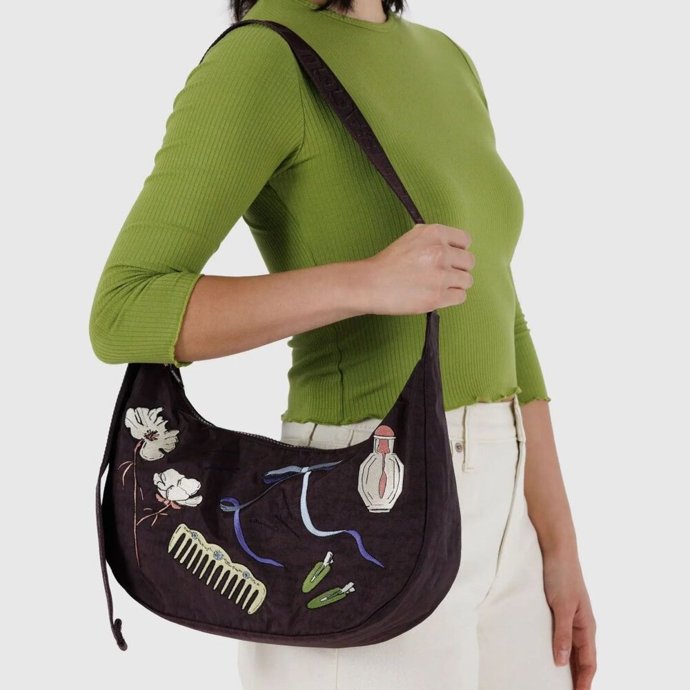 NWT Baggu Medium Crescent Bag - Embroidered Get Ready With Me (Chocolate Plum)